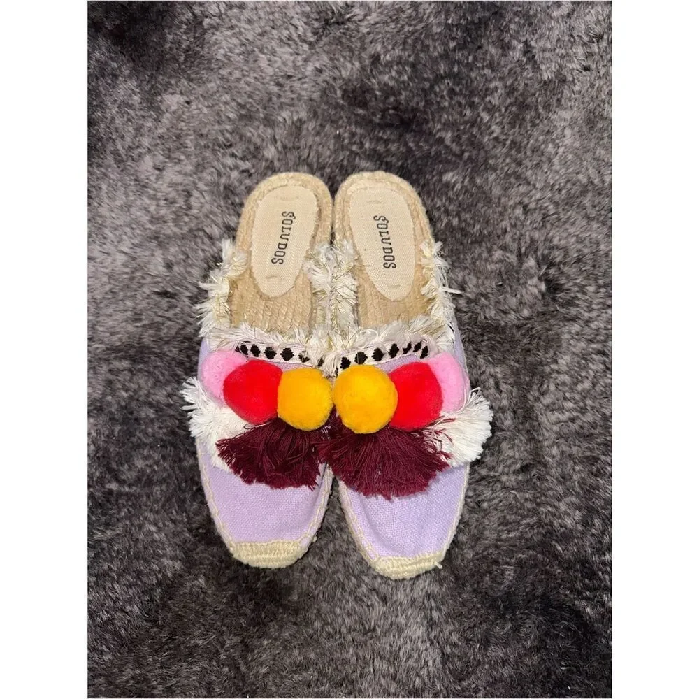 Soludos Coco Lilac Multicolor Pom Pom Espadrille Slides Sz 6 Anthroplogie Boho